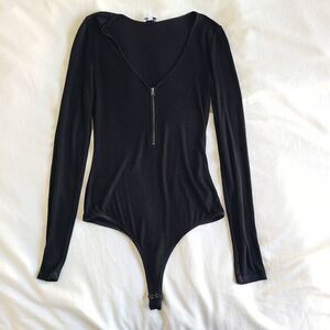 Splendid Bodysuit Womens Small Black Knit‎ Long Sleeve Half Zip Up Rayon Blend